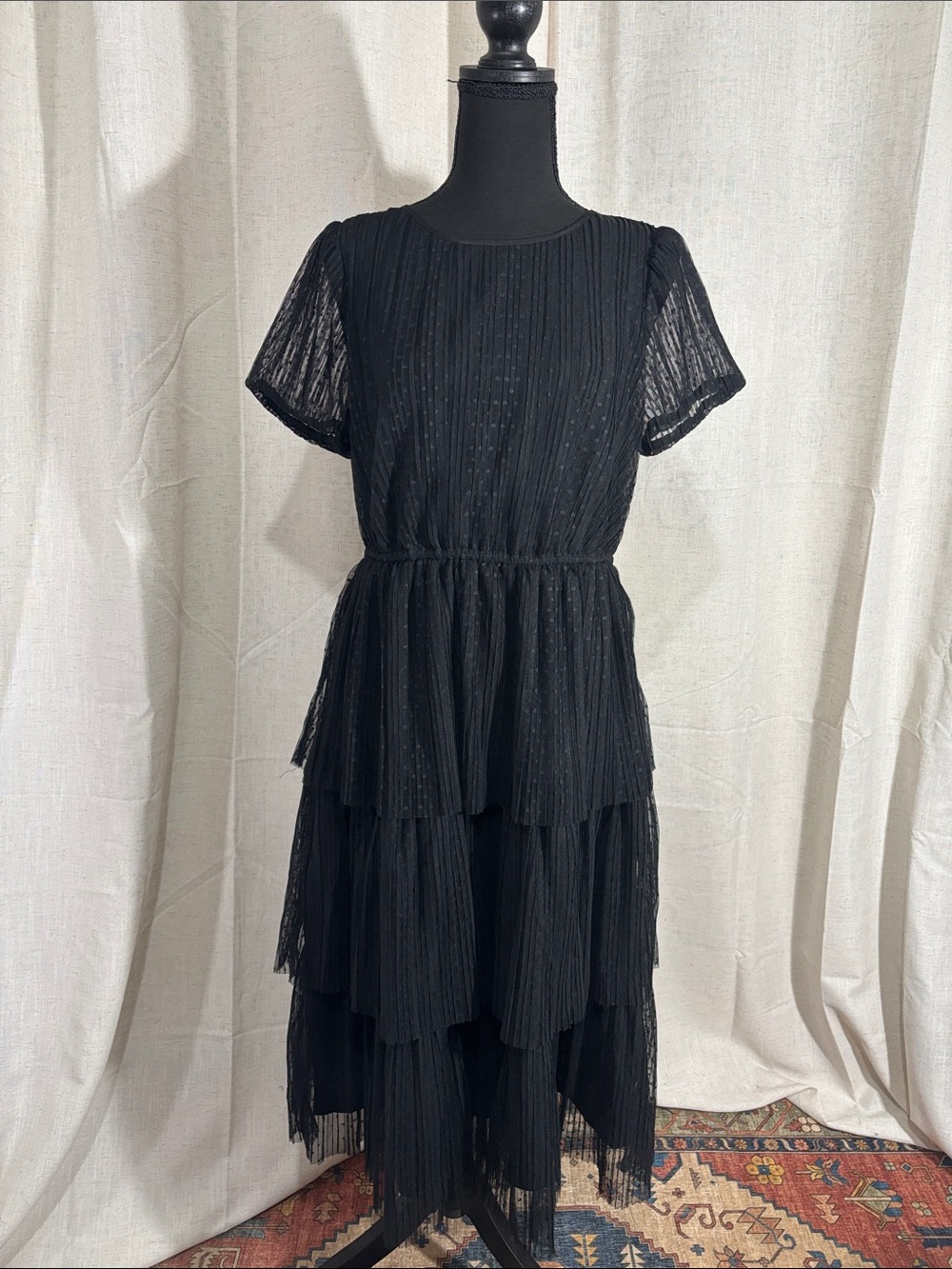 J. Crew Black Pleated Flock Dot Tiered Short Puff Sleeve Midi Dress